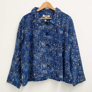 Lily Ella Blue Printed Cotton Needlecord Lightweight Collared Jacket UK 26