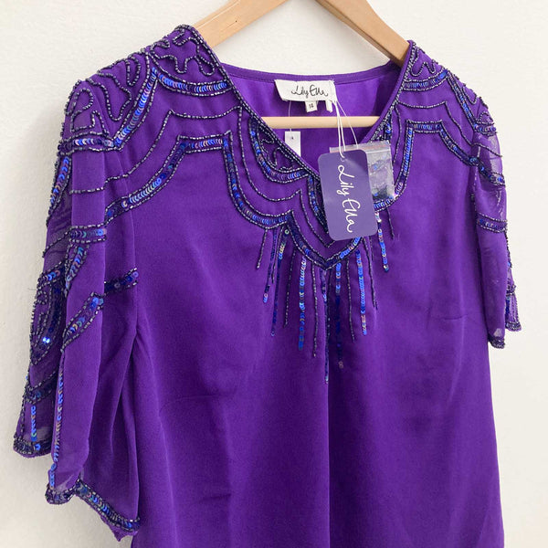 Lily Ella Purple V-Neck Sequin Embellished Short Sleeve Top UK 14
