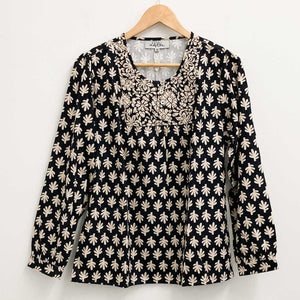 Lily Ella Black Bergen Print Long Sleeve Cotton Top UK 10