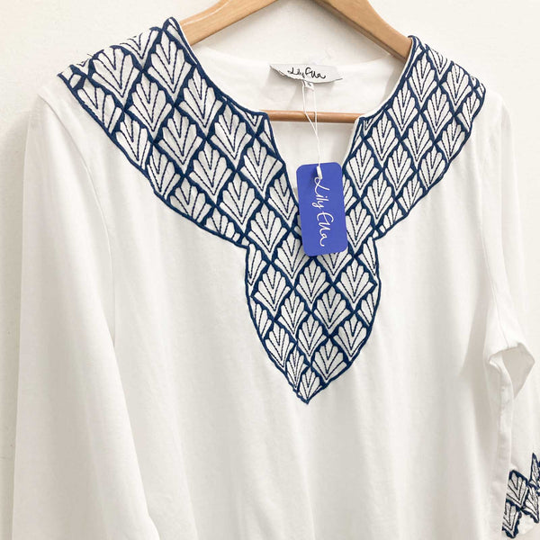 Lily Ella White & Navy Embroidered Notch Neck 3/4 Sleeve Cotton Top UK 16