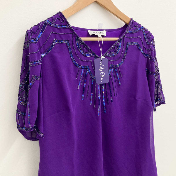 Lily Ella Embellished Sequin V-Neck Purple Short Sleeve Top UK 12