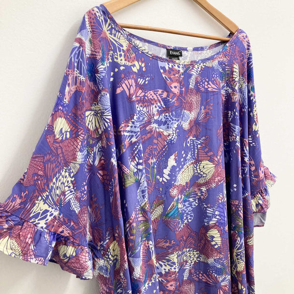 Evans Lilac Butterfly Print Frill Trim Relaxed Fit Top UK 30/32 