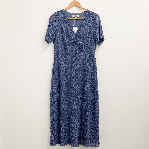 Lily Ella Blue Lace Overlay Ruched V-Neck Short Sleeve Midi Dress UK 12