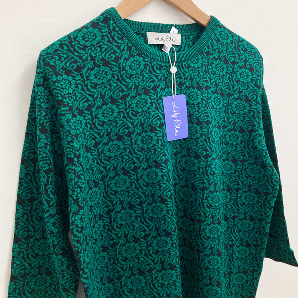 Lily Ella Green & Black Floral Jacquard 3/4 Sleeve Sweater Jumper Size L