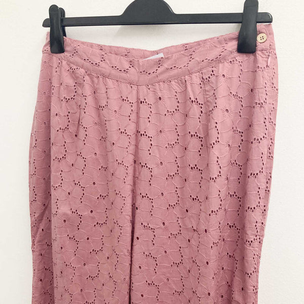 Lily Ella Pink Broderie Anglaise Wide Leg Cropped Cotton Trousers UK 16