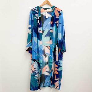 Evans Blue Abstract Tropical Print Chiffon Open Front Kimono UK 22/24