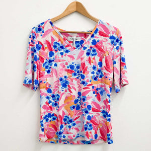 Lily Ella V-Neck Pink Floral Print V-Neck Jersey T-Shirt UK 12