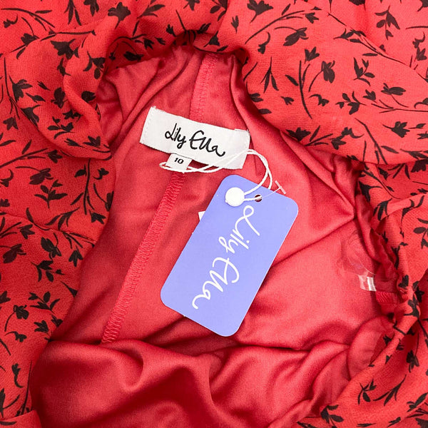 Lily Ella Red & Black Floral Print Pull-On Bias Cut Midi Skirt UK 10 
