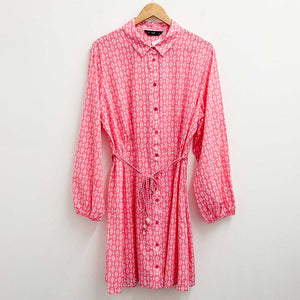 F&F Pink Geo Print Lightweight Cotton Long Sleeve Shirt Dress UK 20 