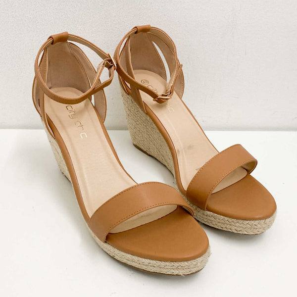 City Chic Tan Faux Leather Wedge Sandals Size 43 UK 10