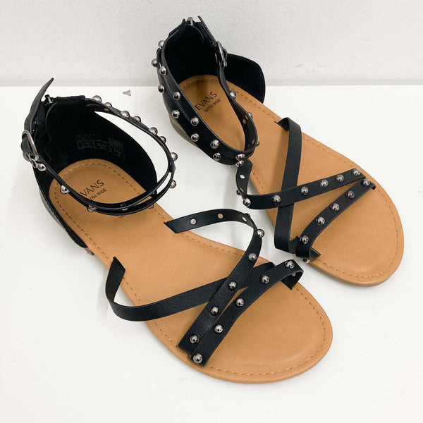 Evans Black Faux Leather Studded Open Toe Sandals UK 9 Extra Wide