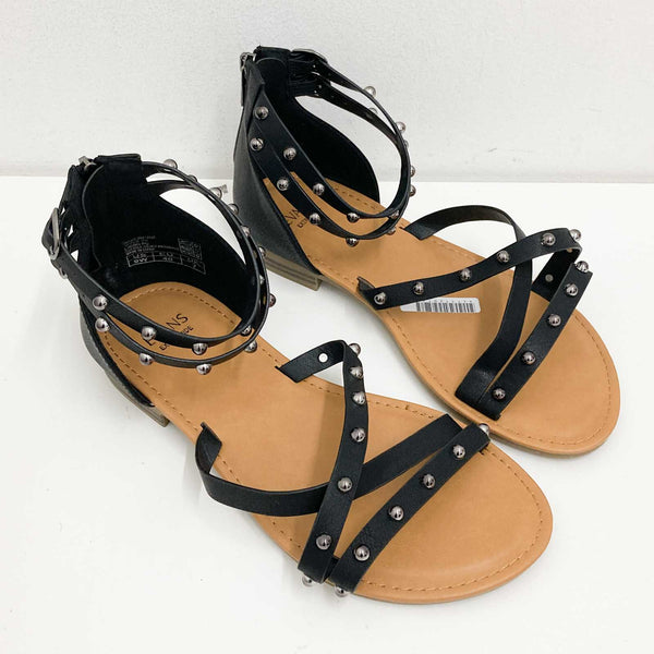 Evans Black Faux Leather Studded Strappy Sandals UK 7 Extra Wide