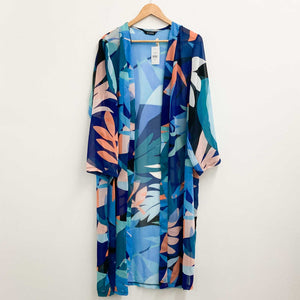 Evans Blue Abstract Tropical Print Sheer Chiffon Kimono Jacket UK 20