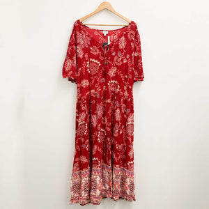 Avenue Red Floral Print Flutter Sleeve V-Neck Midi Dress UK 30/32