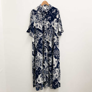 Avenue Navy Floral Print Tiered Short Sleeve Button Front Midi Dress UK 18