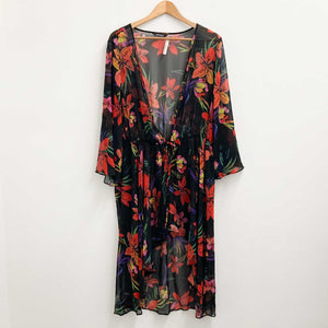 Evans Black Tropical Floral Print Sheer Tie Front Kimono Jacket UK 22/24