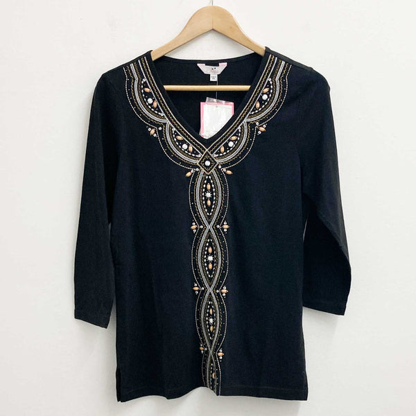 Julipa Top UK 10 Black Embellished Embroidered 3/4 Sleeve V-Neck 