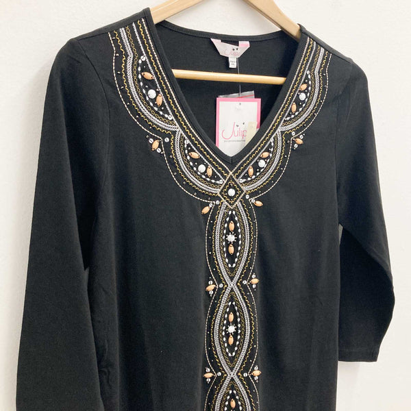 Julipa Top UK 10 Black Embellished Embroidered 3/4 Sleeve V-Neck 