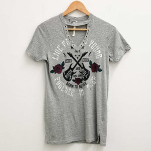 Pep&Co Grey Rock Printed Graphic Cut Out Neck T-Shirt UK 8