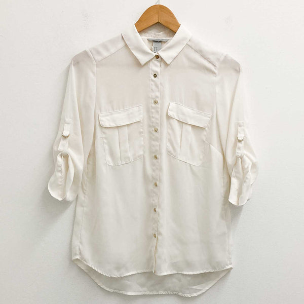 H&M Blouse Size 36 Ivory 3/4 Button Tab Sleeve 