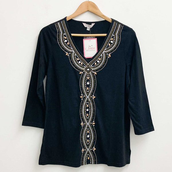 Julipa Top UK 12 Black V-Neck Embellished 3/4 Sleeve Cotton