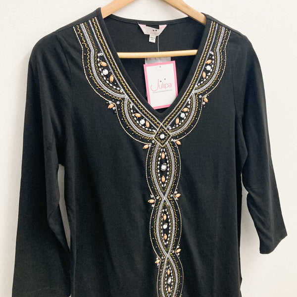 Julipa Top UK 12 Black V-Neck Embellished 3/4 Sleeve Cotton