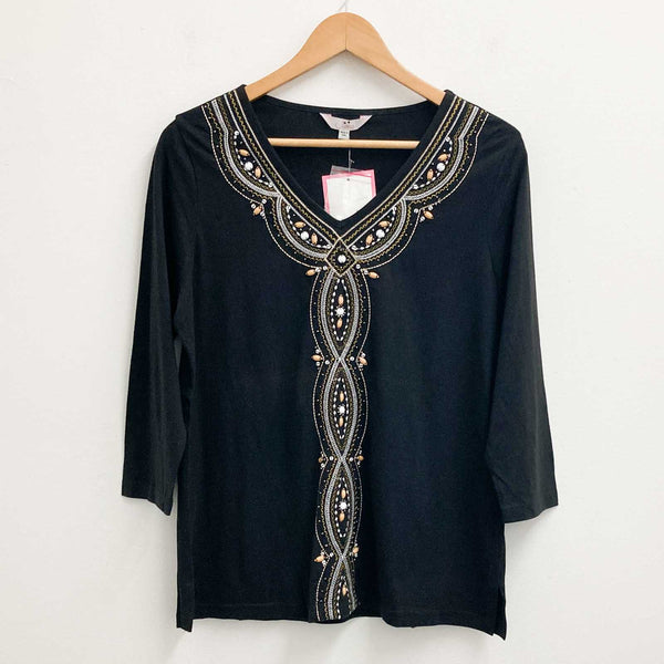 Julipa Top UK 14 Black Beaded Embellished 3/4 Sleeve V-Neck