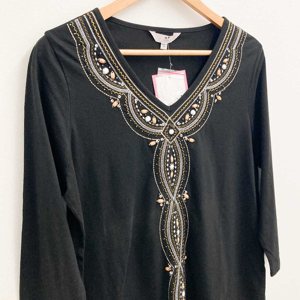 Julipa Top UK 14 Black Beaded Embellished 3/4 Sleeve V-Neck