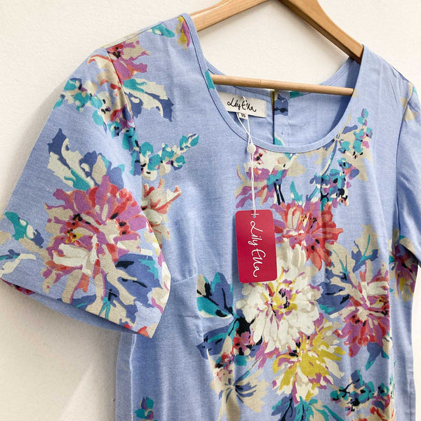 Lily Ella Dress UK 10 Blue Floral Print Short Sleeve Cotton 