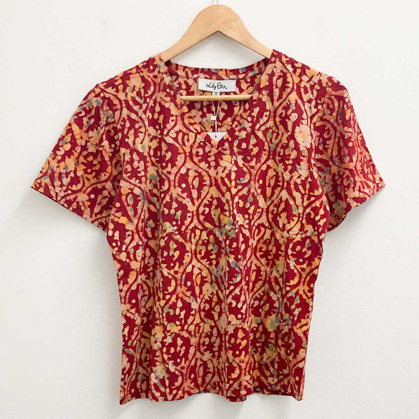 Lily Ella Top UK 10 Red & Yellow Batik Print V-Neck Cotton