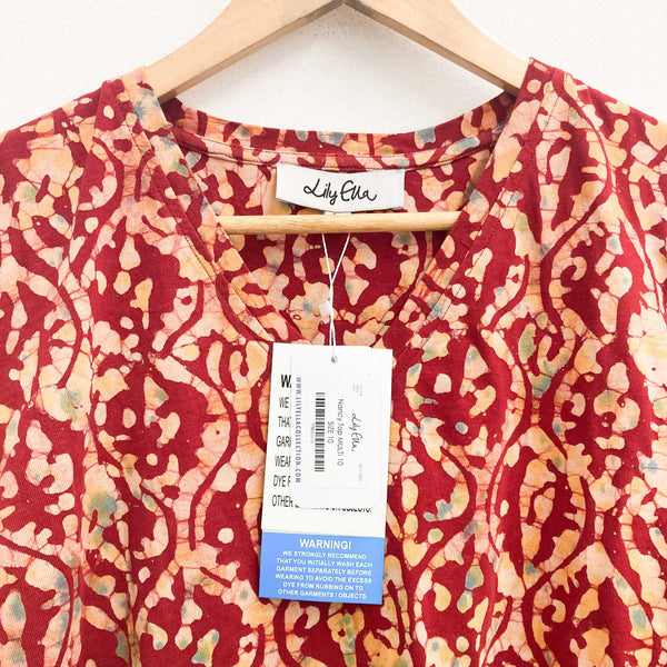 Lily Ella Top UK 10 Red & Yellow Batik Print V-Neck Cotton