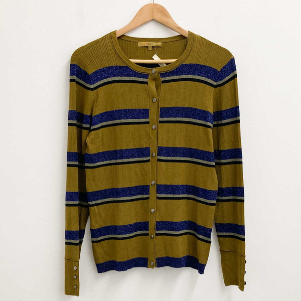 Next Cardigan UK 14 Khaki & Blue Sparkle Stripe Round Neck