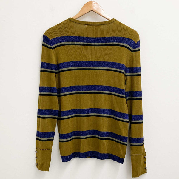Next Cardigan UK 14 Khaki & Blue Sparkle Stripe Round Neck