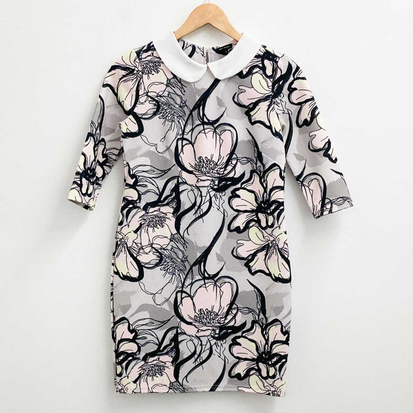 River Island Dress UK 6 Grey Floral Print 3/4 Sleeve Mini 