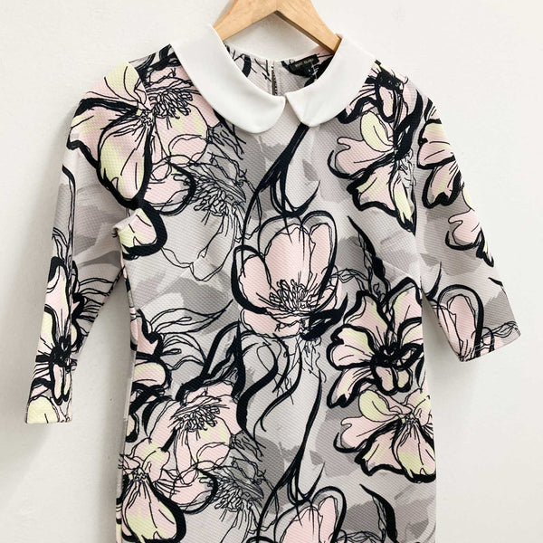 River Island Dress UK 6 Grey Floral Print 3/4 Sleeve Mini 