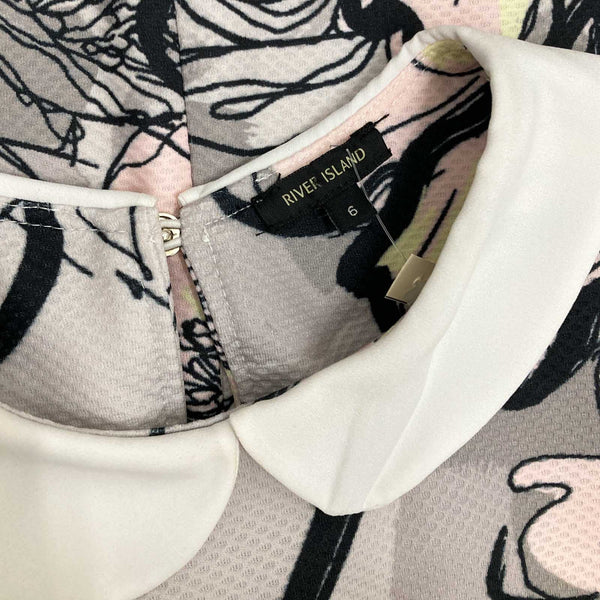 River Island Dress UK 6 Grey Floral Print 3/4 Sleeve Mini 