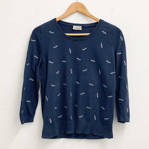 M&S Indigo Collection Jumper Size 10 Navy Embroidered Dragonfly 3/4 Sleeve