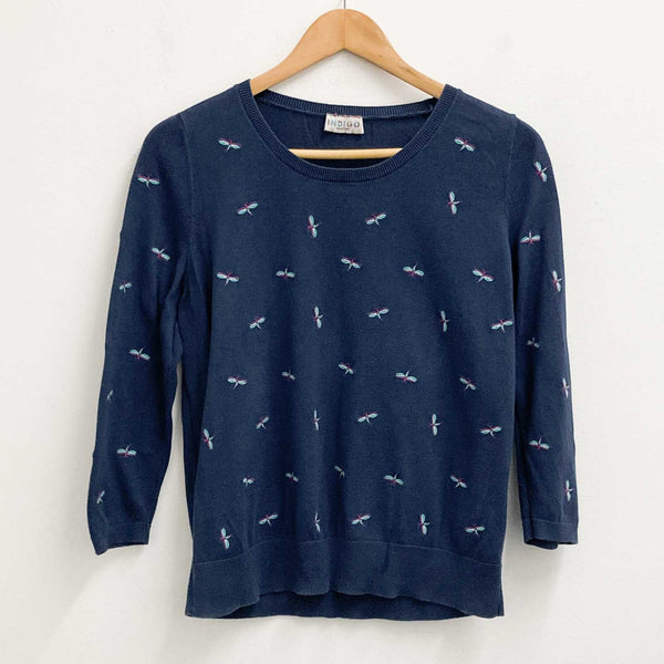 M&S Indigo Collection Jumper Size 10 Navy Embroidered Dragonfly 3/4 Sleeve