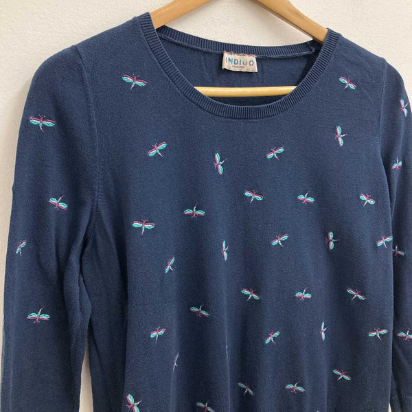 M&S Indigo Collection Jumper Size 10 Navy Embroidered Dragonfly 3/4 Sleeve