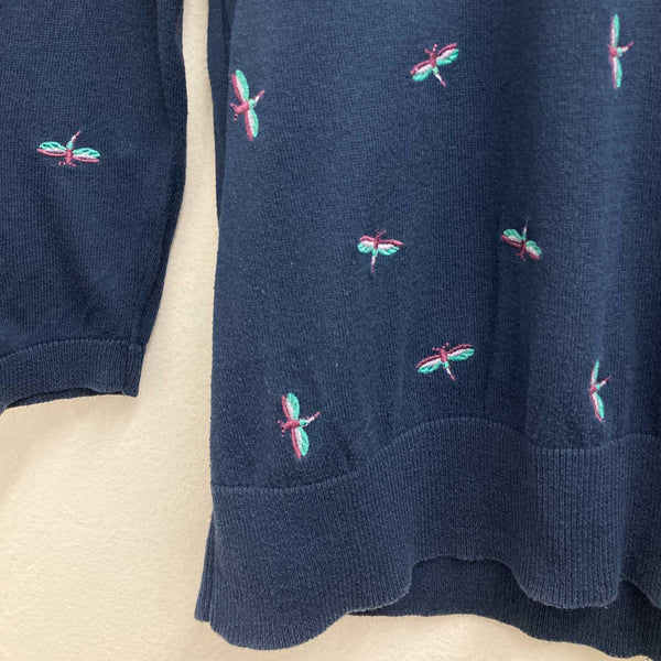 M&S Indigo Collection Jumper Size 10 Navy Embroidered Dragonfly 3/4 Sleeve