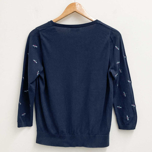 M&S Indigo Collection Jumper Size 10 Navy Embroidered Dragonfly 3/4 Sleeve