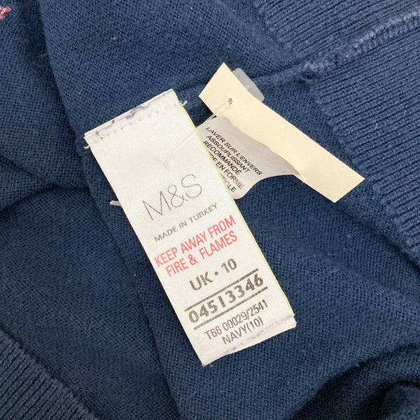 M&S Indigo Collection Jumper Size 10 Navy Embroidered Dragonfly 3/4 Sleeve