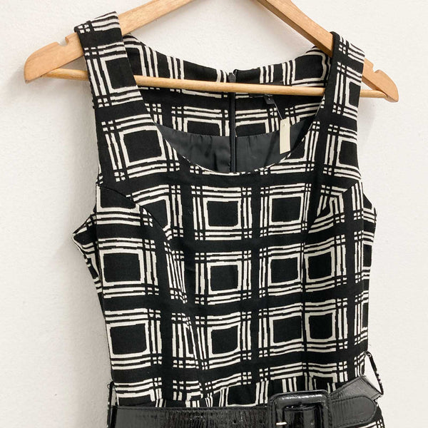 Next Dress UK 8 Black White Patterned Fit & Flare Belted Sleeveless