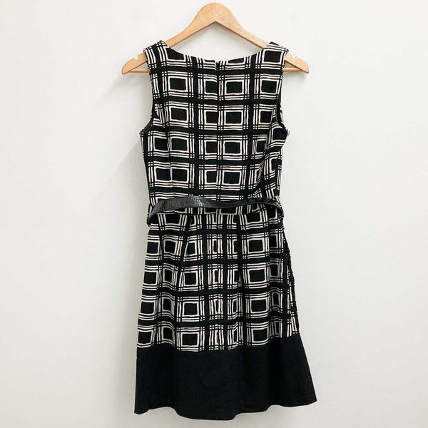 Next Dress UK 8 Black White Patterned Fit & Flare Belted Sleeveless