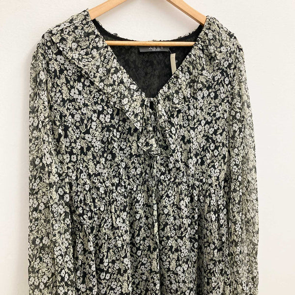 Primark Dress Size 16 Black Floral Print V-Neck Frill Trim