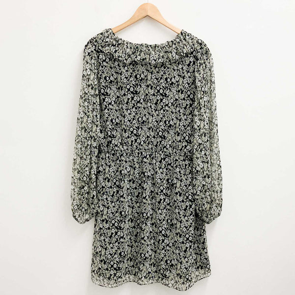 Primark Dress Size 16 Black Floral Print V-Neck Frill Trim