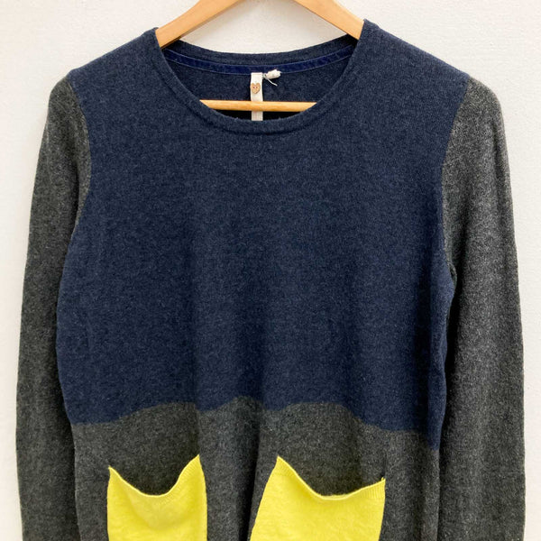 White Stuff Jumper Size 8 Grey Navy Cotton Wool Blend Round Neck