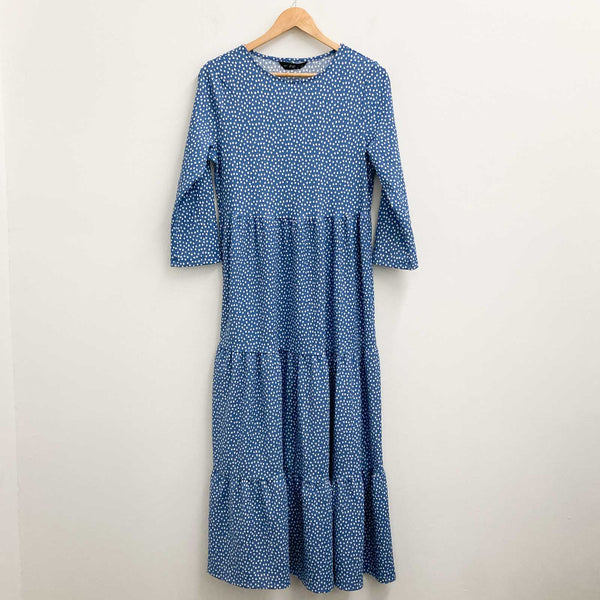 F&F Dress Size M Blue White Spot Print 3/4 Sleeve Tiered Maxi