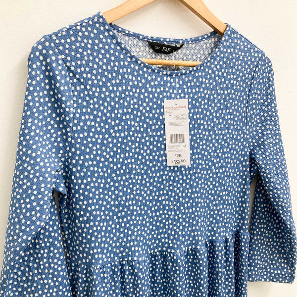 F&F Dress Size M Blue White Spot Print 3/4 Sleeve Tiered Maxi