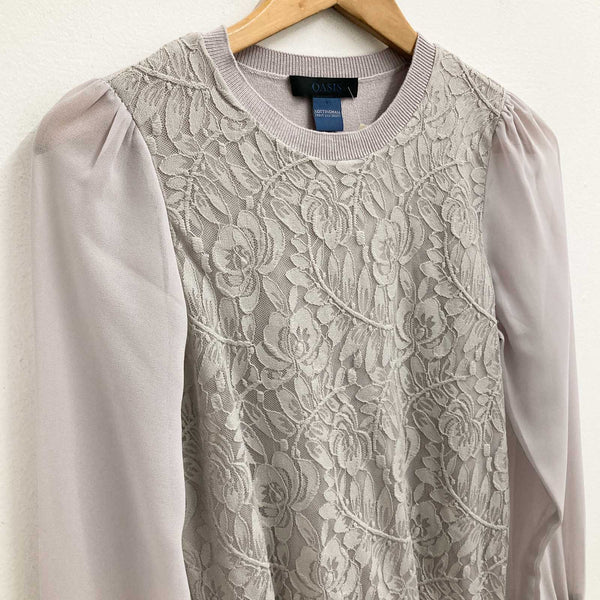 Oasis Jumper Size S Light Taupe Floral Lace Overlay Chiffon Sleeves